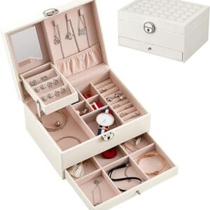 Cestbella Jewelry Box Jewellery Storage Box Case Organizer 2 Layer with Mirror Drawer Tray Lock Leather White Large Capacity for Earrings Ring Necklace Bracelet Watch